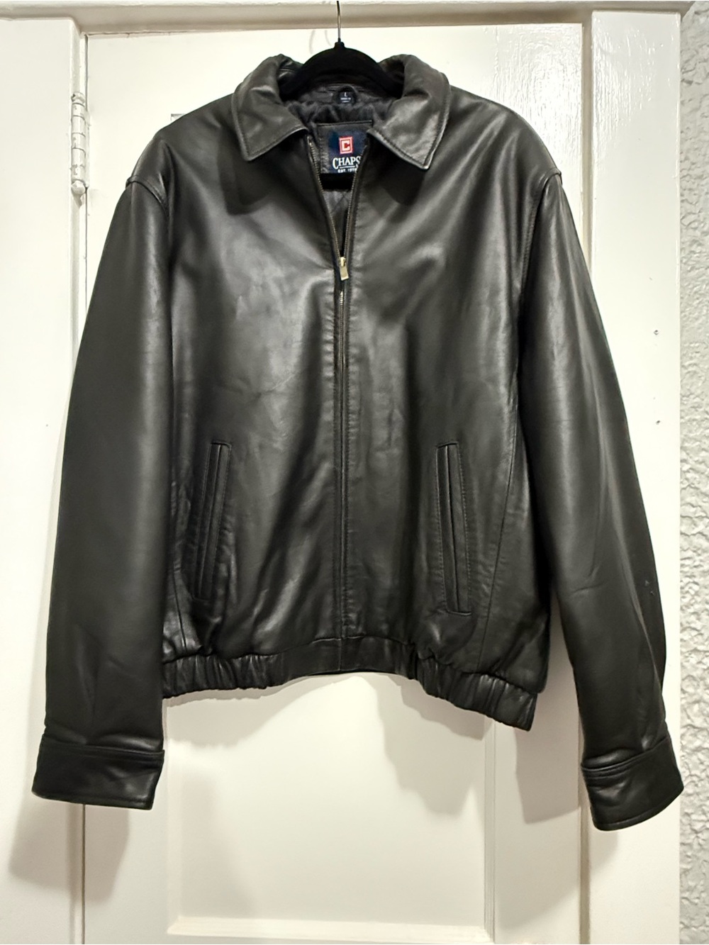 Chaps Men's Black Leather Bomber Jacket with Collared Neck